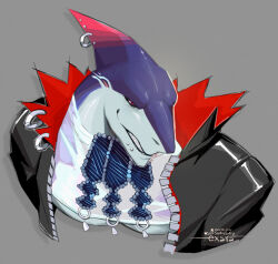 1boy agileentry artist_name bara black_jacket black_sclera chin_piercing colored_sclera commentary crop_top dislyte dorsal_fin english_commentary face_piercing fin_piercing furry furry_male grey_background jacket male_focus muscular muscular_male pectorals piercing red_eyes shark_boy smile tetsuya_(akuru)_(dislyte) upper_body