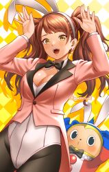 1boy 1girl animal_ear_hairband animal_ears arms_up artist_name bear_ears black_pantyhose bow bowtie breasts brown_eyes brown_hair cleavage cowboy_shot earrings fake_animal_ears hairband highres jacket jewelry kujikawa_rise kuma_(persona_4) leotard leotard_under_clothes long_hair looking_at_viewer masatoshi_1219 o3o open_mouth pantyhose persona persona_4 pink_jacket rabbit_ear_hairband rabbit_ears stud_earrings teeth twintails upper_body upper_teeth_only white_leotard