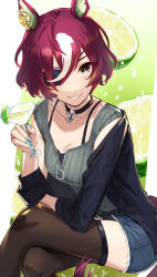 1girl absurdres animal_ears black_jacket black_thighhighs blue_shorts breasts choker cleavage cocktail_glass crossed_legs cup cutoffs drinking_glass eyepatch food fruit grin highres holding holding_cup horse_ears horse_girl horse_tail jacket lime_(fruit) lime_slice long_sleeves looking_at_viewer multicolored_hair open_clothes open_jacket pendant_choker purple_hair shirt short_hair short_shorts shorts sitting sleeveless sleeveless_shirt small_breasts smile streaked_hair tail tanino_gimlet_(umamusume) thighhighs umamusume umeumeduka yellow_eyes