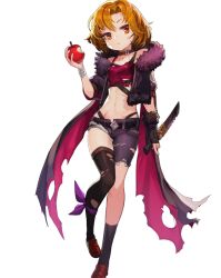 1girl alexa_(final_gear) alternate_breast_size alternate_costume alternate_facial_mark alternate_hair_length alternate_hairstyle apple arm_wrap artist_request asymmetrical_legwear bandage_on_face bandages bare_shoulders belt belt_buckle belt_collar black_belt black_coat black_fur black_gloves black_pants black_sleeves black_socks black_straps black_thighhighs bob_cut breasts buckle camisole coat collar collarbone cropped cropped_jacket final_gear fingernails food frown fruit full_body fur-trimmed_gloves fur-trimmed_jacket fur_collar fur_trim gloves holding holding_knife jacket kneehighs knife leg_ribbon leg_up loafers looking_at_viewer looking_to_the_side micro_shorts mismatched_legwear mismatched_pants official_alternate_costume official_alternate_hair_length official_alternate_hairstyle official_art orange_eyes orange_hair pants purple_ribbon red_camisole red_shoes ribbon scar scar_on_chest scar_on_face scar_on_stomach shoes short_sleeves shorts simple_background single_glove small_breasts socks solo standing standing_on_one_leg tachi-e thighhighs third-party_source torn_camisole torn_clothes torn_jacket torn_pants two-sided_fabric two-sided_jacket white_background