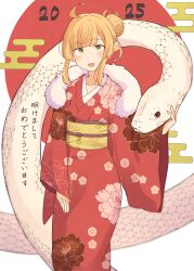 1girl 2025 absurdres ahegao animal bikini blonde_hair blush chinese_zodiac eyebrows_hidden_by_hair flat_chest floral_print floral_print_kimono fur_shawl green_eyes hair_bun highres looking_at_viewer mushoku_tensei norn_greyrat obi open_mouth oversized_animal print_kimono red_bikini root_(1732050807point) sash shawl short_hair simple_background single_hair_bun smile snake solo swimsuit year_of_the_snake yellow_sash