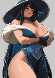 1girl absurdres arm_under_breasts artist_name bare_shoulders black_choker black_gloves black_hair blue_dress blue_eyes blue_hair breasts bright_pupils choker cleavage collarbone colored_inner_hair commentary curvy dress english_commentary english_text fur-trimmed_dress fur_trim gloves gold_trim grey_background hand_on_own_cheek hand_on_own_face highres kalennoir large_breasts large_hat long_hair looking_at_viewer milestone_celebration multicolored_hair original parted_lips pelvic_curtain print_choker simple_background solo swept_bangs thick_thighs thighs very_long_hair white_pupils wide_hips
