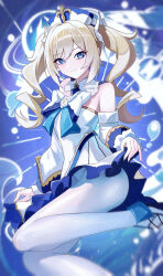 1girl absurdres barbara_(genshin_impact) blue_eyes bow commentary detached_collar detached_sleeves dress english_commentary genshin_impact hat highres long_hair long_sleeves looking_at_viewer pantyhose shoes smile solo white_bow white_dress white_hat white_pantyhose white_shoes wuzhihuijia