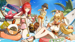 1boy 3girls absurdres alice_thymefield alice_thymefield_(sea_of_thyme) animal_ears bangboo_(zenless_zone_zero) belle_(summer_skies)_(zenless_zone_zero) belle_(zenless_zone_zero) bikini bikini_under_clothes bird black_hat blonde_hair blue_sky braid breasts brother_and_sister bucket_hat cleavage commentary_request day eous_(zenless_zone_zero) eyewear_on_head fingernails fishing_rod green_eyes grin hand_on_own_chest hat heterochromia highres holding holding_fishing_rod holding_water_gun kama_(zenless_zone_zero) looking_at_viewer low_twin_braids low_twintails multiple_girls one-piece_swimsuit orange_eyes orange_shorts outdoors palm_tree rabbit_ears rabbit_girl red_hair seagull see-through_clothes see-through_shirt sharkboo_(zenless_zone_zero) shirt shorts siblings sky smile sunlight surfboard sweatdrop swim_ring swimsuit tree twin_braids twintails ukinami_yuzuha ukinami_yuzuha_(tanuki_in_broad_daylight) water_gun wise_(peaceful_waves)_(zenless_zone_zero) wise_(zenless_zone_zero) yellow_eyes yuyiosang zenless_zone_zero