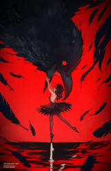 00s 1girl animal bad_id bad_pixiv_id ballerina ballet_slippers bird black_hair crow dress feathers female_focus loika oversized_animal plantar_flexion princess_tutu raven red_background red_eyes reflection rue_(princess_tutu) solo strapless strapless_dress