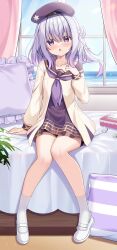 1girl :o absurdres bed beret blush curtains dress fengshen_chino frills full_body gradient_eyes gradient_hair hair_between_eyes hair_bun hand_up hat highres indoors jacket knees_together_feet_apart long_sleeves looking_at_viewer multicolored_eyes multicolored_hair neckerchief ocean open_clothes open_mouth pillow pink_eyes pink_hair plant purple_eyes purple_hair sailor_collar school_uniform shoes sitting socks solo warship_girls_r white_socks window yukikaze_(warship_girls_r)