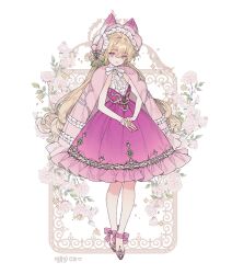 1girl blue_eyes bow commentary commission dress floral_background flower full_body gold_embroidery gradient_clothes gradient_dress hair_bow hair_ornament hat high_heels leg_bow lemon89h long_hair looking_at_viewer original pink_bow pink_dress pink_flower pink_hat pink_shoes rococo_movement shoes sleeveless smile solo standing wavy_hair