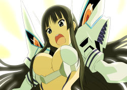 1girl akiyama_mio black_hair blue_eyes breasts cleavage cleavage_cutout clothing_cutout cosplay crossover female_focus junketsu k-on! kill_la_kill kiryuuin_satsuki kiryuuin_satsuki_(cosplay) large_breasts long_hair look-alike oku_no_shi open_mouth parody revealing_clothes round_teeth solo teeth