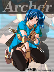 1girl 2000s_(style) archer_(ragnarok_online) armored_skirt arrow_(projectile) black_panties black_thighhighs blue_hair blue_shirt boots bow_(weapon) breasts brown_boots brown_eyes brown_gloves character_name closed_mouth commentary_request expressionless gloves holding holding_bow_(weapon) holding_weapon looking_at_viewer medium_breasts muneate panties quiver ragnarok_online shirt short_hair short_sleeves solo squatting tatsumi_ray thighhighs underwear watermark weapon web_address zoom_layer
