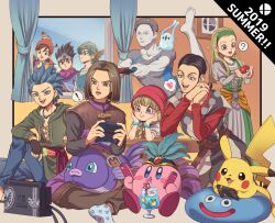 ! 1other 2019 2girls 6+boys :d ? aqua_eyes aqua_hair aqua_tunic bandana barefoot bead_necklace beads black_eyes black_hair black_shirt blonde_hair blue_eyes blue_hair blue_tunic blush_stickers border bracelet braid brown_hair brown_pants brown_trim camus_(dq11) cape circlet colored_skin commentary_request compression_shirt controller cosplay creature creature_on_shoulder cross-laced_clothes crossover curtains dragon_quest dragon_quest_iii dragon_quest_iv dragon_quest_viii dragon_quest_xi dress drinking drinking_straw earrings feathers floating_hair food gem gen_1_pokemon gold_headdress green_dress green_gemstone green_hairband green_tunic grey_border grey_eyes grey_hair grey_shirt grey_skin hair_pulled_back hair_slicked_back hairband hand_tattoo hands_clasped_in_delight hands_on_own_cheeks hands_on_own_face hat heart hero_(dq11) hero_(dq3) hero_(dq4) hero_(dq8) holding holding_controller holding_food holding_poke_ball in-franchise_crossover indian_style indoors janis_(hainegom) jewelry joy-con juliet_sleeves kirby kirby_(series) long_sleeves looking_ahead low_twin_braids medium_hair motion_lines mouse_on_head multiple_boys multiple_crossover multiple_girls munchie_(dq8) muscular muscular_male necklace nintendo nintendo_switch nintendo_switch_logo nintendo_switch_pro_controller on_shoulder open_mouth orange_bandana pants parted_hair pikachu pink_skin poke_ball pokemon pokemon_(creature) popsicle profile puffy_sleeves purple_cape purple_eyes purple_tunic red_gemstone red_hat red_shirt roto&#039;s_emblem roto_(dq3) seiza senya_(dq11) shirt shirt_under_dress short_hair siblings silver_circlet sisters sitting slime_(dragon_quest) smile socks sparkle speech_bubble sphere_earrings spiked_hair spoken_exclamation_mark spoken_heart spoken_question_mark striped_clothes stuffed_animal stuffed_fish stuffed_toy super_smash_bros. super_smash_bros._logo sylvia_(dq11) sylvia_(dq11)_(cosplay) table tattoo tockle_(dq11) tunic twin_braids twins veronica_(dq11) watching watermelon_bar white_shirt wii_fit wii_fit_trainer window yellow_skin yoga
