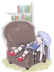 1girl blue_hair blunt_bangs book bookshelf bow bowtie chair closed_eyes collared_shirt furude_rika highres higurashi_no_naku_koro_ni higuyuki0 holding holding_book indoors long_hair lying on_back shirt skirt sleeping socks solo suspender_skirt suspenders