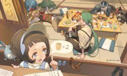 2boys 2girls alcohol beer blush blush_stickers boots bottle brown_hair chopsticks commentary_request cushion eyelashes flying_sweatdrops food fork gen_1_pokemon gen_4_pokemon gible green_hair hands_up hassel_(pokemon) highres holding index_finger_raised jacket knife larry_(pokemon) long_hair lying magnemite multiple_boys multiple_girls nintendo on_back open_mouth pants pokemon pokemon_sv ponytail poppy_(pokemon) rika_(pokemon) shirt shoes sitting skewer socks staraptor table twitter_username unworn_boots unworn_shoes vest white_shirt yikoulian_lyan