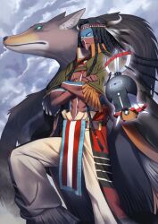 Rule 34 | 1boy, animal, bead necklace, beads, belt, black hair, blue eyes, blue facepaint, bodypaint, braid, brown belt, brown pants, cape, closed mouth, coat, creature, crossed arms, dark-skinned male, dark skin, facepaint, fake horns, familiar, fate/grand order, fate (series), feather hair ornament, feathers, feet out of frame, fringe trim, geronimo (fate), geronimo (third ascension) (fate), green cape, hair ornament, headband, horns, jewelry, knee up, long hair, male focus, multiple braids, multiple necklaces, native american, necklace, no shirt, official art, open clothes, open coat, overcast, pants, pectorals, sakamoto mineji, short sleeves, sky, solo, standing, third-party source, toned, toned male, very dark skin, very long hair, white facepaint