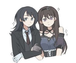 Rule 34 | 2girls, :|, alternate costume, arm at side, bang dream!, bang dream! it&#039;s mygo!!!!!, belt buckle, black corset, black hair, black hairband, black jacket, black shirt, blue eyes, blue shirt, brown hair, brown necktie, buckle, closed mouth, collarbone, collared shirt, corset, cross-laced clothes, cross-laced corset, diamond (shape), diamond earrings, earrings, flower, flower hairband, frilled corset, frills, gloves, grey flower, grey gloves, hair between eyes, hairband, half gloves, hand on another&#039;s arm, hand on own arm, highres, holding another&#039;s arm, jacket, jenjen, jewelry, lapels, long sleeves, looking at viewer, mismatched earrings, mole, mole under eye, multiple girls, necktie, off-shoulder shirt, off shoulder, official alternate costume, open clothes, open jacket, purple eyes, see-through clothes, see-through sleeves, shiina taki, shirt, short sleeves, shoulder strap, side-by-side, simple background, sleeve belt, sparkle, suit jacket, tuxedo, two-tone shirt, vest, waistcoat, white background, white gloves, white shirt, yahata umiri
