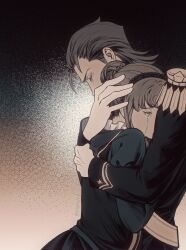 1boy 1girl ace_attorney black_dress black_hair black_hairband black_jacket brown_hair bun_with_braided_base chinese_commentary closed_eyes commentary_request crying dress epaulettes gloves hair_bun hairband hand_on_another&#039;s_head highres hug jacket kaze_(yznyttdgs) klint_van_zieks lady_baskerville long_sleeves short_hair single_hair_bun the_great_ace_attorney variant_set white_gloves