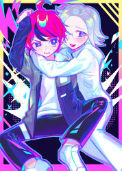 2boys absurdres ahoge aotsuki_eito black_hair black_pants blue_eyes blush bright_pupils commentary grey_hair grey_jacket highres hug_from_side iro_(mywife_sunny) jacket male_focus medium_hair multiple_boys open_clothes open_jacket open_mouth pants red_hair shoes short_hair sitting smile sumino_takumi sweat symbol-only_commentary the_hundred_line_-last_defense_academy- thigh_strap uneven_eyes white_jacket white_pants white_pupils white_shoes yaoi
