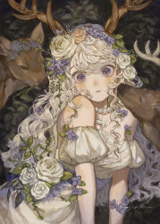1girl absurdres antlers bare_shoulders breasts deer_girl dress flower hair_flower hair_ornament highres horns light_blush long_hair looking_at_viewer medium_breasts original parted_lips purple_eyes purple_flower sayoko_(sayosny2) solo white_dress white_hair