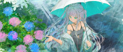 1girl absurdres black_dress blue_eyes dress flower grey_hair highres holding holding_umbrella hydrangea ichika_(ichika87) jacket long_hair original rain solo umbrella white_jacket