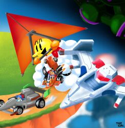 Rule 34 | absurdres, acha (toypop), blue hair, bosconian, car, driving, galaga, grass, gyaraga, highres, motor vehicle, namco, pac-man, pac-man (game), pino (toypop), pole position, race vehicle, racecar, rally-x, self-upload, space, spacecraft, toypop, water, wind glider