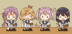 10s 4girls ahoge akebono_(kancolle) animal animal_on_head bags_under_eyes bandaid bandaid_on_face bell bowl brown_hair chopsticks closed_eyes comic crab eating fins fish fish_head fish_tail flower food hair_bell hair_bobbles hair_flower hair_ornament holding holding_food jingle_bell kantai_collection light_brown_hair multiple_girls narrowed_eyes oboro_(kancolle) on_head open_mouth pink_hair purple_hair rabbit rice_bowl saiguchi_otoufu salt sazanami_(kancolle) school_uniform serafuku short_hair short_sleeves side_ponytail smile tail twintails upset ushio_(kancolle)