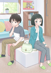 1boy 1girl :t absurdres bag black_hair blue_pants blunt_ends blush bob_cut bookshelf brown_pants cushion door hand_on_own_face handbag highres indoors original pants plant potted_plant shirt short_hair short_sleeves shy sitting slippers sweatdrop taka_(tsmix) watch window window_blinds wristwatch
