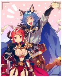 Rule 34 | 1boy, 1girl, ^ ^, animal ears, arm up, belt, black cape, black collar, black gloves, black hood, blue cape, blue hair, border, breasts, brown pants, cape, cleavage, closed eyes, closed mouth, collar, commentary, cross, cross earrings, drang (granblue fantasy), draph, earrings, erune, fangs, garter straps, gloves, granblue fantasy, hair over one eye, hand up, happy, highres, hood, hood down, horns, jewelry, kuroda (kuro yyy), large breasts, leotard, medium hair, navel, notice lines, one eye covered, open mouth, pants, pink background, pointy ears, red eyes, red gloves, red hair, red leotard, shirt, single glove, smile, standing, standing on one leg, sturm (granblue fantasy), sword, sword on back, thighs, two-tone cape, v, weapon, weapon on back, white border, white shirt