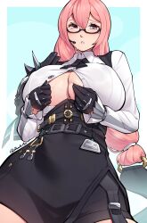 1girl :o absurdres black_gloves black_skirt breasts cleavage collared_shirt dracksart glasses gloves hair_between_eyes high-waist_skirt highres long_hair looking_at_viewer open_mouth partially_unbuttoned pink_eyes pink_hair shirt skirt solo sweat tsukishiro_yanagi unbuttoned white_shirt zenless_zone_zero