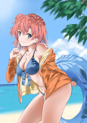 1girl absurdres beach bikini blue_bikini blue_eyes blue_innertube blue_sky breasts cleavage closed_mouth commentary cowboy_shot highres holding holding_swim_ring index_finger_raised innertube jacket large_breasts looking_at_viewer navel ocean open_clothes open_jacket orange_hair orange_jacket short_hair sky solo swim_ring swimsuit yahari_ore_no_seishun_lovecome_wa_machigatteiru. yanagi_marie yuigahama_yui