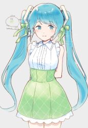 1girl absurdres aqua_eyes aqua_hair artist_logo bare_arms bare_shoulders center_frills collar commentary cowboy_shot frills green_skirt grey_background hair_ornament hatsune_miku highres light_smile logo long_hair looking_at_viewer plaid_clothes plaid_skirt ribbon shirt simple_background skirt sleeveless sleeveless_shirt smile solo standing twintails very_long_hair vocaloid wandu_mook white_shirt