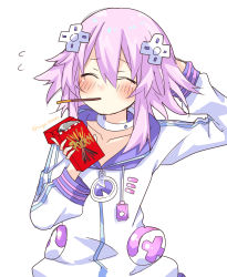 1girl arm_behind_head arm_up blush choker closed_mouth d-pad d-pad_hair_ornament facing_viewer food food_in_mouth hair_ornament hand_up highres holding holding_food holding_pocky hood hooded_jacket jacket mouth_hold moya_44444 neptune_(neptunia) neptune_(series) pocky pocky_in_mouth purple_hair solo usb white_choker white_jacket