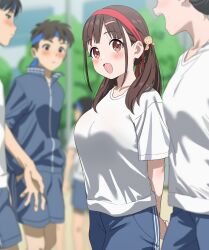 Rule 34 | 1other, 2boys, 2girls, black hair, blue headband, blue jacket, blue shorts, blush, breasts, brown hair, commentary request, gym uniform, headband, highres, idolmaster, idolmaster shiny colors, jacket, large breasts, looking at another, medium hair, multiple boys, multiple girls, outdoors, rakushi (kamekameha222), red headband, revision, shirt, short sleeves, shorts, small breasts, smile, sonoda chiyoko, track jacket, twintails, white shirt