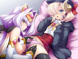 1boy 1girl azarin_(kouyoku_senki_exs-tia) black_gloves blonde_hair blue_eyes blush breasts clothes_lift detached_sleeves elbow_gloves exs-tia_magica game_cg gloves hair_intakes hair_over_one_eye hat hetero horns inoino kouyoku_senki_exs-tia large_breasts large_variant_set long_hair looking_at_viewer lying nipples non-web_source official_art on_back open_mouth panties penis penis_in_panties picologil pink_panties purple_hair purple_panties ribbon sheep_horns short_hair skirt skirt_lift spread_legs thighhighs trap underwear variant_set yellow_eyes