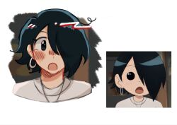 1girl :o black_eyes black_hair blush reference_sheet earrings hair_over_one_eye highres jewelry knives_chau looking_at_viewer maissroll open_mouth scott_pilgrim_(series) scott_pilgrim_takes_off shirt short_hair white_background white_shirt