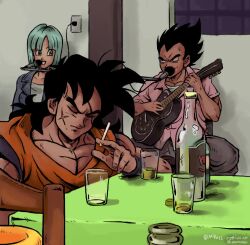 Rule 34 | 1girl, black eyes, black hair, bulma, dougi, dragon ball, dragonball z, drink, highres, momorsa, multiple boys, muscular, muscular male, open mouth, scar, scar on face, short hair, smile, smoking, spiked hair, vegeta, wristband, yamcha