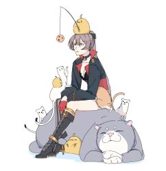 1girl animal animal_on_head asymmetrical_footwear azur_lane bird black_choker black_jacket boots breasts brown_hair cat choker cleavage fishing_rod gloves hair_between_eyes half_gloves hatski.sin high_ponytail highres jacket jean_bart_(azur_lane) knee_boots long_hair long_sleeves manjuu_(azur_lane) o-ring o-ring_choker on_head ponytail red_gloves simple_background single_thighhigh sitting sleeve_cuffs striped_clothes striped_thighhighs thighhighs vertical-striped_clothes vertical-striped_thighhighs very_long_hair white_background