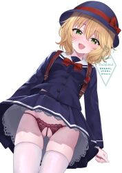 1girl :d absurdres backpack bag blonde_hair blush bow commission dress gluteal_fold green_eyes hat hat_bow highres idolmaster idolmaster_cinderella_girls idolmaster_cinderella_girls_u149 long_sleeves looking_at_viewer open_mouth panties pussy randoseru red_bow ri5taccia sakurai_momoka school_uniform skeb_commission smile solo thighhighs underwear white_background