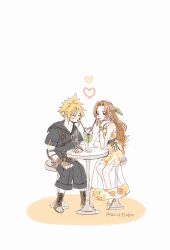 1boy 1girl absurdres aerith_gainsborough aerith_gainsborough_(citric_dress) ancotsubu armor bare_shoulders black_sailor_collar black_shirt black_shorts blonde_hair blush boots bracelet breasts brown_footwear brown_gloves brown_hair chair closed_eyes cloud_strife cloud_strife_(maritime_sailor) couple dress drinking_straw final_fantasy final_fantasy_vii final_fantasy_vii_ever_crisis fingerless_gloves food_print fruit_print full_body gloves green_ribbon hair_between_eyes hair_ribbon half_updo hetero highres jewelry long_dress long_hair medium_breasts official_alternate_costume orange-shaped_ornament orange_print parted_bangs print_dress ribbon sailor_collar see-through_clothes see-through_skirt shared_drink shirt short_hair short_sleeves shorts shoulder_armor side_slit sitting skirt spiked_hair strapless strapless_dress table toeless_footwear twitter_username white_background