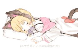 1girl animal_ear_headphones animal_ears blonde_hair blue_archive bow cat_ear_headphones cat_tail character_doll closed_eyes doll fake_animal_ears headphones hood hooded_jacket jacket long_sleeves low_twintails lying momoi_(blue_archive) on_stomach open_mouth red_bow shinbashi_seiji shirt short_hair simple_background sketch sleeping solo tail twintails white_background white_jacket white_shirt yuuka_(blue_archive)
