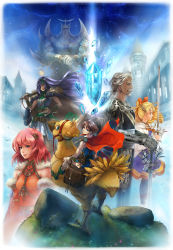 2boys 3girls armor bag belt boco building bartz_klauser cape castle character_name chocobo crystal detached_sleeves embellished_costume faris_scherwiz feathers final_fantasy final_fantasy_v floating_hair flower from_above from_side fur_trim galuf_halm_baldesion grass hair_ornament hair_over_one_eye highres jacket jacket_on_shoulders jewelry kanikajika krile_mayer_baldesion_(ff5) lenna_charlotte_tycoon looking_up multiple_boys multiple_girls rapier red_cape rock serious sword weapon yellow_feathers