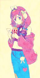 Rule 34 | 1girl, animal charm, animal ear headphones, animal ears, aubrey (birthday) (omori), aubrey (faraway) (omori), aubrey (omori), bare shoulders, belt, blue bow, blue eyes, blue nails, blue pants, bow, bracelet, charm (object), clothing cutout, commentary, crop top, cropped shirt, cup, denim, disposable cup, double-parted bangs, drinking, drinking straw, drinking straw in mouth, fake animal ears, forest bunny? (omori), hair between eyes, hair bow, hair ornament, headphones, heart, holding, holding cup, jacket, jacket partially removed, jeans, jewelry, karume ya ki, long hair, long sleeves, looking at viewer, midriff, multicolored nails, nail polish, navel, official alternate costume, official alternate hairstyle, omori, pants, pink hair, pink jacket, pink nails, puffy long sleeves, puffy sleeves, purple belt, purple shirt, rabbit ear headphones, shirt, simple background, sleeveless, sleeveless shirt, sleeveless turtleneck, solo, symbol-only commentary, turtleneck, turtleneck shirt, v-shaped eyebrows, yellow background