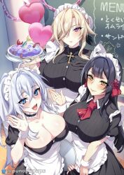 3girls :d apron black_gloves black_hair blonde_hair blue_eyes blush breasts choker cleavage closed_mouth collarbone commentary_request crossed_bangs food gloves hair_between_eyes hair_ornament hair_over_one_eye hands_up highres holding huge_breasts large_breasts looking_at_viewer maid_headdress multiple_girls open_mouth original purple_eyes puuzaki_puuna sidelocks smile twitter_username white_apron white_hair yellow_eyes