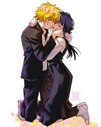 1boy 1girl absurdres black_dress black_hair black_jacket black_pants blonde_hair chainsaw_man closed_eyes commentary couple denji_(chainsaw_man) dress english_commentary fourth_east_high_school_uniform gakuran hetero highres imminent_kiss jacket kneeling kwadarth long_hair mitaka_asa pants pinafore_dress school_uniform short_hair simple_background sleeveless sleeveless_dress white_background