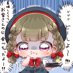 Rule 34 | 1girl, :3, :t, apron, beret, black apron, black hat, blue background, blush, bow, bowtie, braid, brown hair, cheek press, chibi, chibi only, closed mouth, collared shirt, commentary request, food, food on face, frilled shirt collar, frills, fukune koko, hachiban ramen, hachiban ramen uniform, hair bow, hand on own cheek, hand on own face, hat, highres, holding, holding tray, kachimachi kosuzu, link! like! love live!, love live!, low twintails, official alternate costume, pink eyes, puffy short sleeves, puffy sleeves, red bow, red bowtie, shirt, short sleeves, short twintails, side braids, solo, speech bubble, tray, trembling, turn pale, twintails, virtual youtuber, white shirt