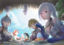 4girls absurdres ahoge alternate_hairstyle backlighting bare_shoulders black-framed_eyewear blonde_hair blue_hands blue_skirt breast_curtains breasts chair closed_eyes colored_extremities colored_skin day detached_sleeves earrings eating emilie_(genshin_impact) eyewear_on_head facing_viewer fisheye food genshin_impact glasses gloves grey_hair hair_ornament hair_over_one_eye hairband high_ponytail highres holding holding_spoon jewelry leaning_forward long_hair looking_at_viewer low_ponytail mavuika_(genshin_impact) medium_breasts multicolored_eyes multicolored_skin multiple_girls on_chair open_mouth parted_lips partially_fingerless_gloves plate ponytail pouring purple_eyes red_eyes semi-rimless_eyewear shaved_ice shenhe_(genshin_impact) skirk_(genshin_impact) skirt smile spoon sunglasses sunlight table tassel tassel_earrings two-tone_skin under-rim_eyewear utensil_in_mouth warugaki_arashibori yellow_eyes