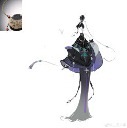 1girl absurdres bag bead_necklace beads black_eyes black_hair black_hanfu black_shawl bug butterfly chinese_clothes chinese_commentary closed_mouth commentary_request earrings expressionless floral_print full_body grey_sleeves hair_bun half-closed_eyes hand_on_own_neck hanfu highres insect jewelry jin_renshi lipstick long_sleeves looking_to_the_side makeup necklace original personification puffy_long_sleeves puffy_sleeves purple_shawl red_lips reference_inset shawl short_hair simple_background single_hair_bun solo standing stud_earrings tassel two-sided_shawl updo watermark weibo_watermark white_background yunjian