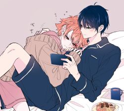 2boys ace_trappola black_shirt blue_hair blush cardigan cellphone closed_mouth coffee coffee_mug collared_shirt commentary_request cuddling cup deuce_spade feet_out_of_frame food green_eyes grey_background hand_on_another&#039;s_back hand_on_another&#039;s_chest hand_on_another&#039;s_shoulder highres holding holding_phone hood hood_down hoodie iphone knee_up long_sleeves lying male_focus mofu_twst mug multiple_boys on_back orange_hair pajama_shorts pajamas parted_bangs phone pillow pink_hoodie pink_shorts plate red_eyes shirt shorts simple_background sleepy sleeves_past_wrists smartphone squeans twisted_wonderland white_trim yaoi