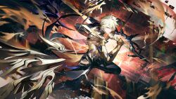 1boy absurdres alternate_form ameinu asymmetrical_wings black_shirt black_wings blonde_hair chinese_commentary commentary_request cracked_skin fighting_stance hair_between_eyes halo halo_behind_head highres holding holding_sword holding_weapon honkai:_star_rail honkai_(series) male_focus material_growth phainon_(honkai:_star_rail) phainon_(khaslana)_(honkai:_star_rail) shirt short_hair solo sword torn_clothes torn_shirt weapon wings yellow_blood yellow_eyes yellow_wings