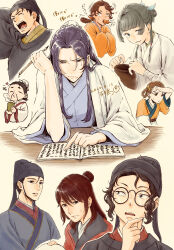 Rule 34 | 3girls, :d, black hair, brown hair, calligraphy brush, character request, chinese clothes, cup, dated, facial hair, gaoshun (kusuriya no hitorigoto), glasses, grey hair, guen (kusuriya no hitorigoto), hair rings, highres, holding, holding calligraphy brush, holding paintbrush, jinshi (kusuriya no hitorigoto), kusuriya no hitorigoto, lahan (kusuriya no hitorigoto), laughing, lihaku (kusuriya no hitorigoto), mouth hold, multiple girls, mustache, open mouth, paintbrush, purple hair, sidelocks, smile, wide sleeves, writing, xiaolan (kusuriya no hitorigoto), yoakedori914moz, yunomi