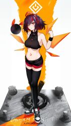 Rule 34 | 1girl, absurdres, alternate costume, bare arms, bare shoulders, black hair, black shirt, black shorts, black thighhighs, breasts, character request, chess piece, collarbone, copyright request, crop top, detached wings, drone, english text, facial mark, full body, groin, hair between eyes, hand up, highres, jewelry, looking at viewer, medium breasts, midriff, multicolored hair, nail polish, navel, navel piercing, nin fake, parted lips, piercing, red eyes, red hair, shirt, shoes, short hair, short shorts, shorts, sleeveless, sleeveless shirt, sneakers, solo, standing, stomach, stomach tattoo, streaked hair, sweatband, tattoo, thighhighs, thighs, underboob, virtual youtuber, white background, wings, wristband