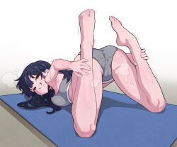 Rule 34 | 1girl, absurdres, armpits, ass, bare arms, bare legs, bare shoulders, barefoot, black hair, blush, boku no kokoro no yabai yatsu, breast press, breasts, brown eyes, feet up, grabbing own leg, grey panties, grey sports bra, grin, highres, legs up, long hair, looking at viewer, medium breasts, mekato, on floor, panties, smile, solo, sports bra, steam, steaming body, stretching, sweat, swept bangs, toes, top-down bottom-up, underwear, very sweaty, white background, yamada anna, yoga mat